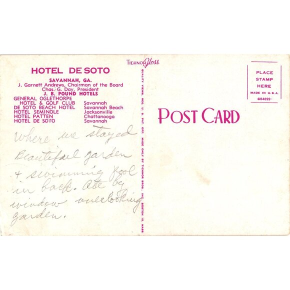Vintage Hotel De Soto Savannah GA Postcard Tichnor Bros Linen Unused Made In USA - Picture 2 of 2